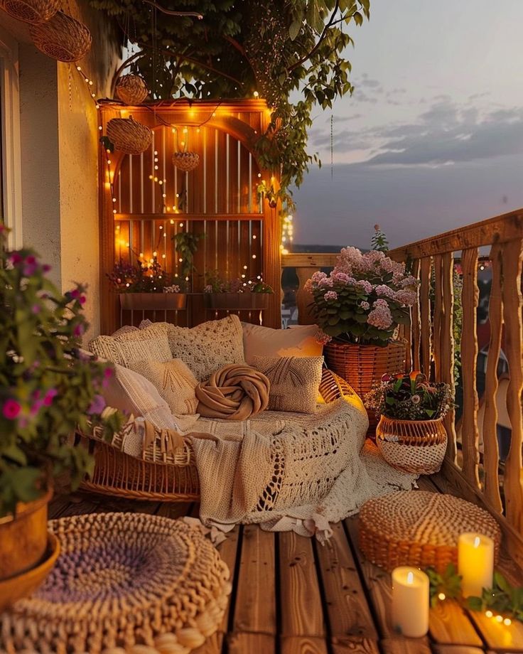 a balcony decorated with wicker furniture and potted plants, lit by string lights