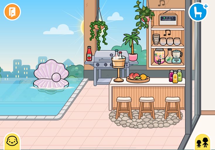 a cartoon kitchen with a pool in the back ground and lots of food on the counter