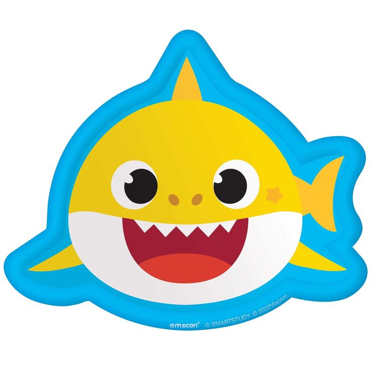 a yellow and blue shark shaped sticker with big eyes on it's face