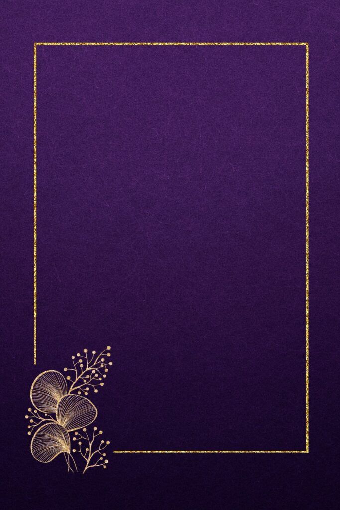 a purple and gold background with a golden frame on the left side, in the center is an image of flowers