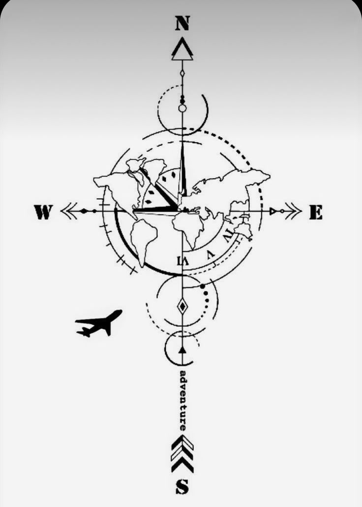 a black and white drawing of a compass with an airplane flying over the world on it