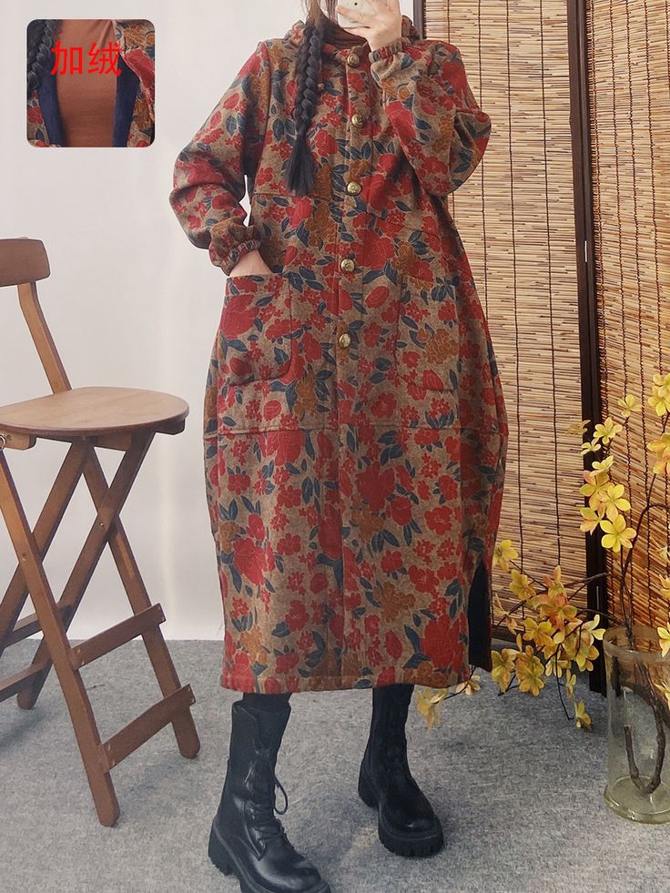 Women's Ethnic Jacket Coat Single-Breasted Floral Print Tribal Long Coat Bohemian Winter Outerwear With Button Closure, Fall Floral Print Outerwear With Stand Collar, Floral Print Winter Outerwear Button-up, Floral Print Button-up Winter Outerwear, Winter Floral Print Button-up Outerwear, Long Floral Print Winter Outerwear, Bohemian Brown Outerwear With Pockets, Bohemian Button-up Outerwear With Buttons, Button-up Floral Print Outerwear For Fall