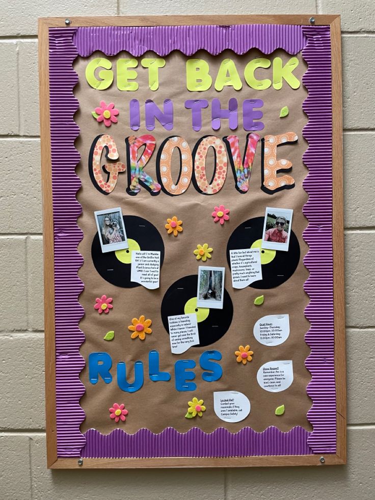 a bulletin board that says get back in the groove rules with pictures on it