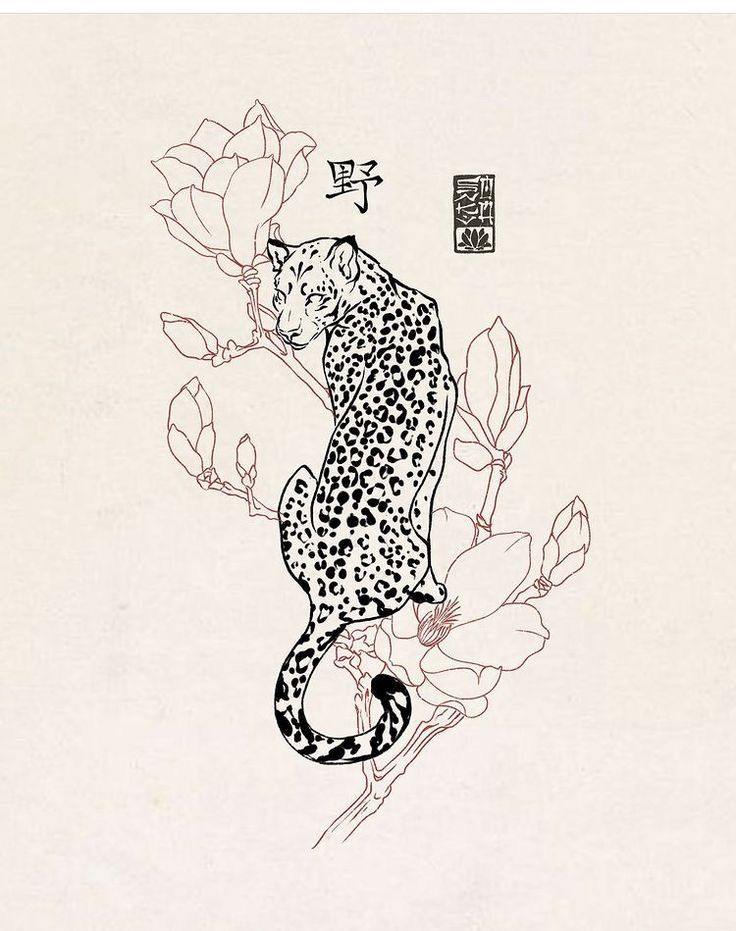 a black and white drawing of a leopard on a branch with flowers in the background