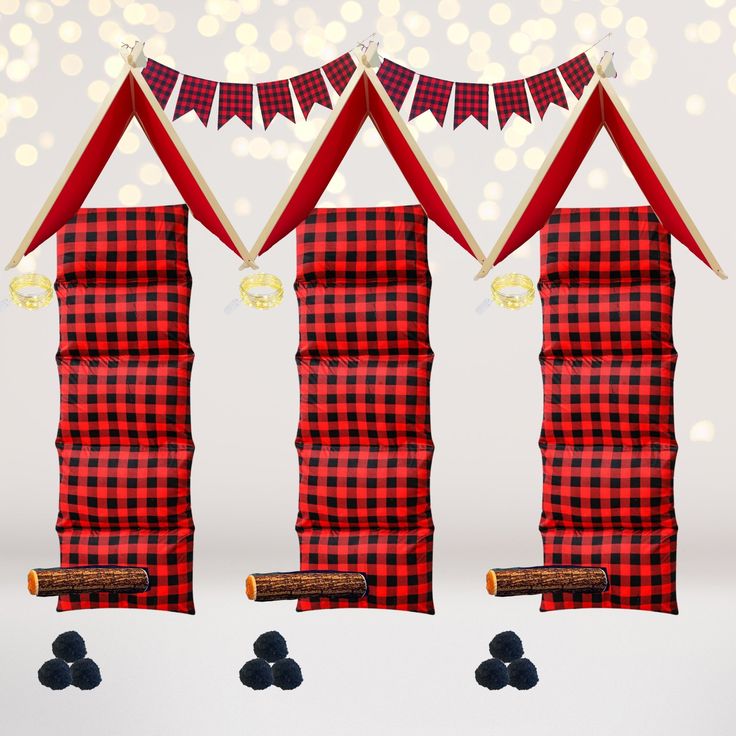 two red and black checkered curtains with buntings hanging from the top one