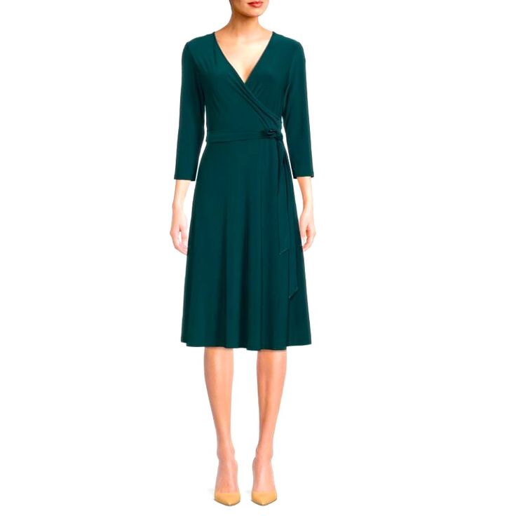 Size 8 Nwot 95% Polyester 5% Spandex Dry Clean Only Green V-neck Elastane Dress, Flattering Knee-length Elastane Dresses, Chic Green Stretch Dress, Flattering Midi Length Elastane Dress, Fit And Flare Midi Dress In Elastane, Green Fitted Wrap Dress, Fitted Green Wrap Dress, Flattering A-line Elastane Dresses, Fitted Wrap Dress For Spring