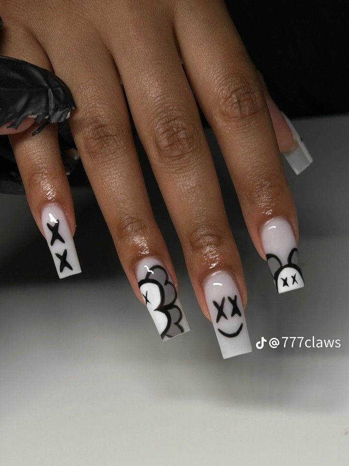 Simple Nails Design Square, Simple Nails Design Black, White Nails With Black Designs Simple, Black And White Kaws Nails, Cool Nail Inspo 2024 Square, Kaws Nails Black, Street Art Nails, Birthday Nails 16, Black Nail Inspo 2024