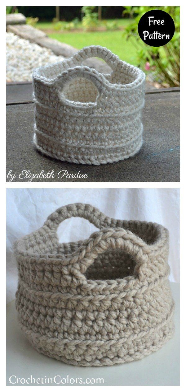 crocheted basket with handles is shown in two different views