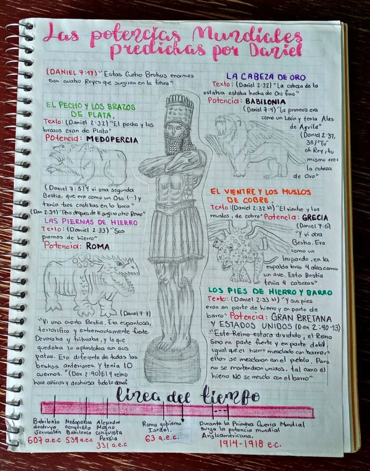 a notebook with an image of a statue in spanish and some other words on it