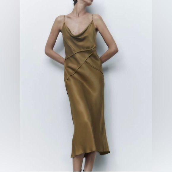 Nwt. Color Is Dark Khaki. Beige Midi Dress With Spaghetti Straps For Evening, Beige Midi Slip Dress For Party, Beige Midi Length Party Slip Dress, Beige Midi Length Slip Dress For Party, Beige Midi Slip Dress For Date Night, Elegant Brown Slip Dress With Spaghetti Straps, Beige Midi Slip Dress For Evening, Beige Midi Length Slip Dress For Evening, Beige Spaghetti Strap Midi Dress For Night Out