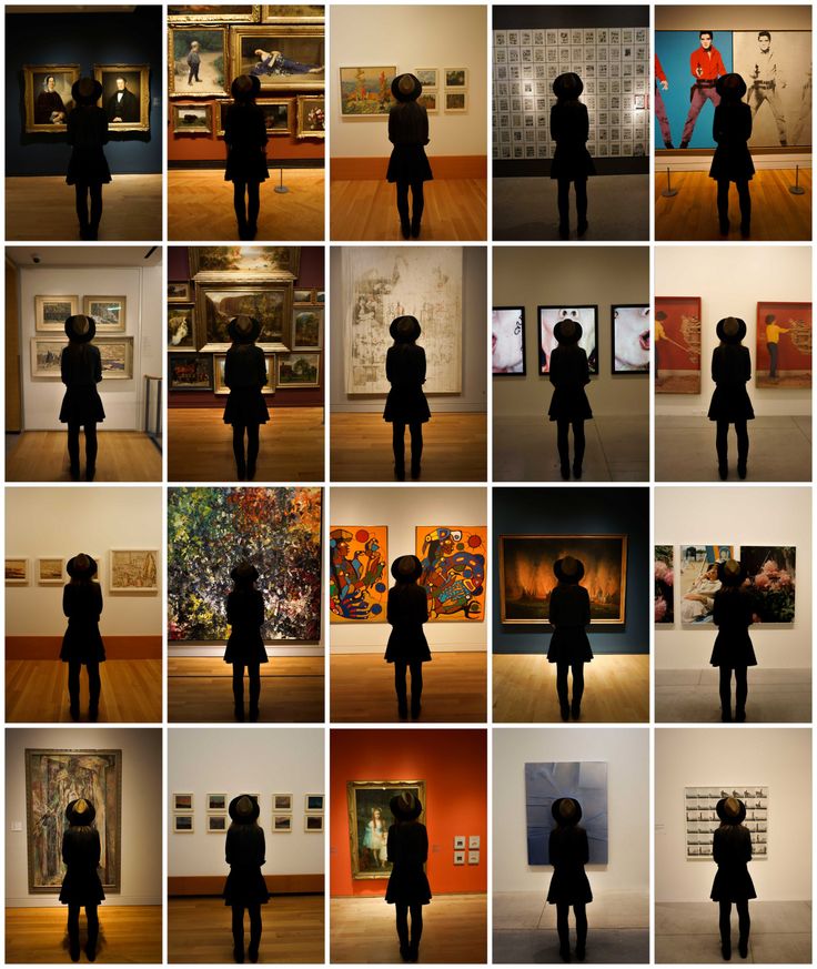 multiple images of people in an art gallery