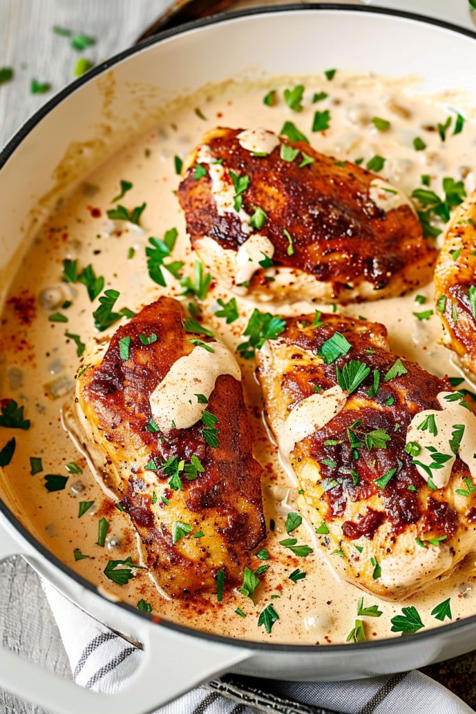 three pieces of chicken covered in sauce and garnished with parsley