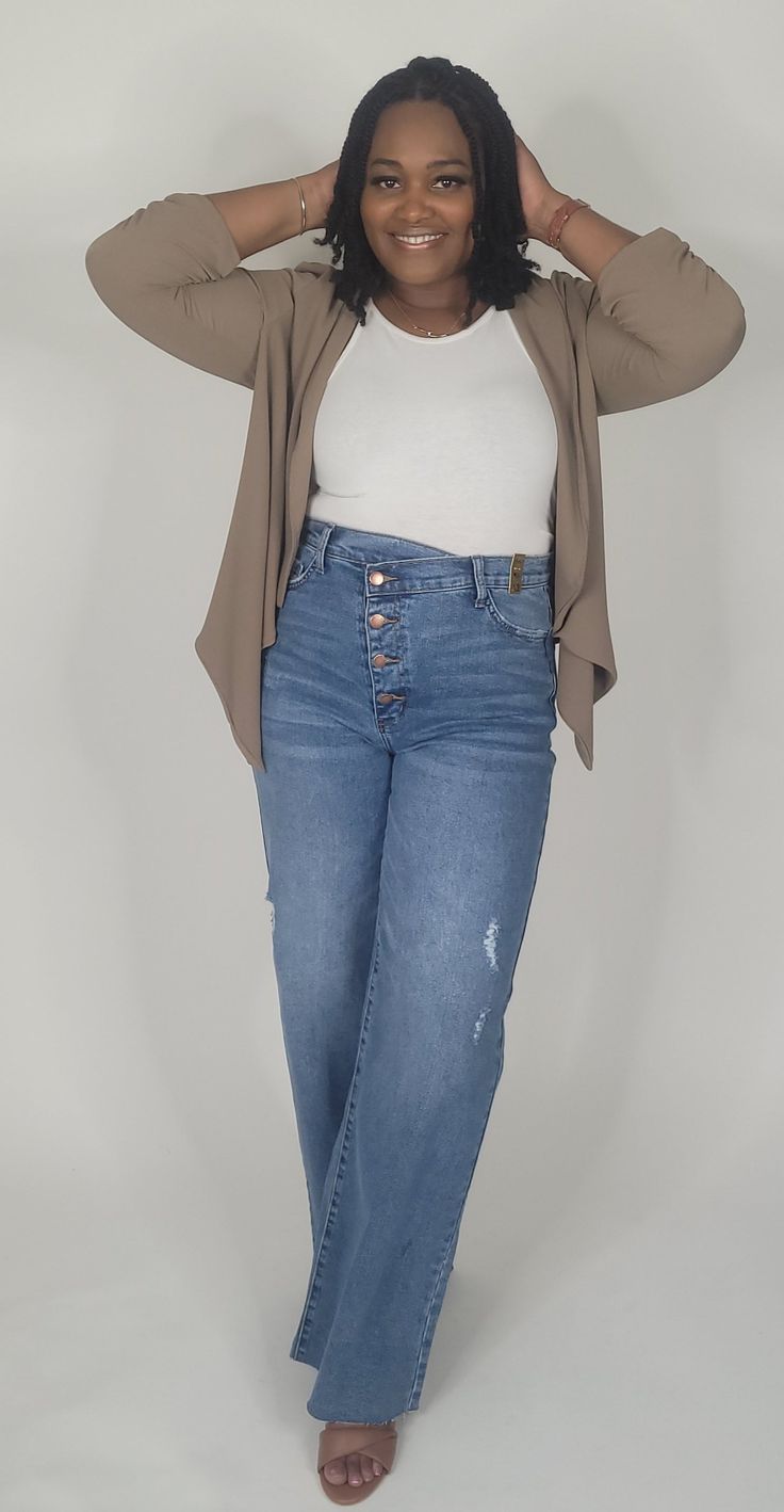 Rock a pair of high rise, wide-leg jeans with a cool crisscross waistline, raw-edge cuffs, five classic pockets, and a four-button fly! Model is wearing a size 13 (Height: 5'5", Waist: 32", Hip: 44") Stretch: Minimal Inseam: 33" Material: 99% Cotton, 1% Spandex Color: Medium Stone Casual Work Attire, Next Clothes, Rock A, Work Attire, Chic Woman, Work Casual, Raw Edge, Wide Leg Jeans, Quality Clothing