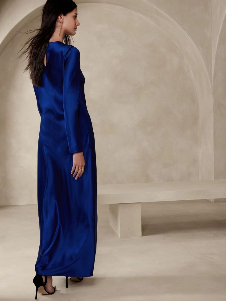 Abigail Silk Maxi Dress | Banana Republic Satin Wedding Guest Dress With Sleeves, Long Holiday Dress, Dress With Scarf Formal, Blue Satin Dress Long, Modest Wedding Guest Dress, Light Blue Long Sleeve Dress, Long Sleeve Wedding Guest Dress, Satin Long Sleeve Dress, Satin Long Dress