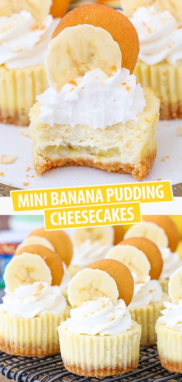 mini banana pudding cheesecakes with whipped cream on top and bananas in the middle