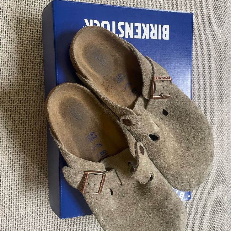 Size 10- Birkinstock Bostons With Original Box (Worn Twice). Great Condition No Damage To The Cork Or Suede. Birkenstock Shoes, Mule Clogs, Mules Shoes, Birkenstock, Me Too Shoes, Cork, Clogs, Original Box, Size 10