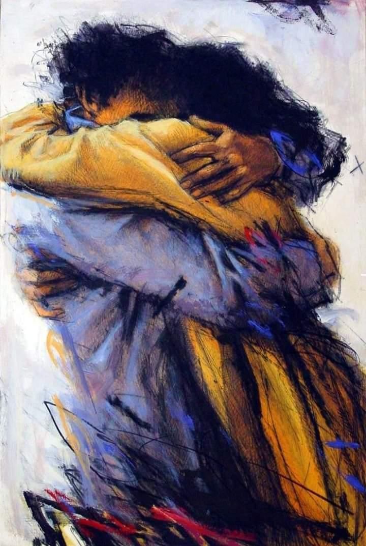 a painting of two people hugging each other