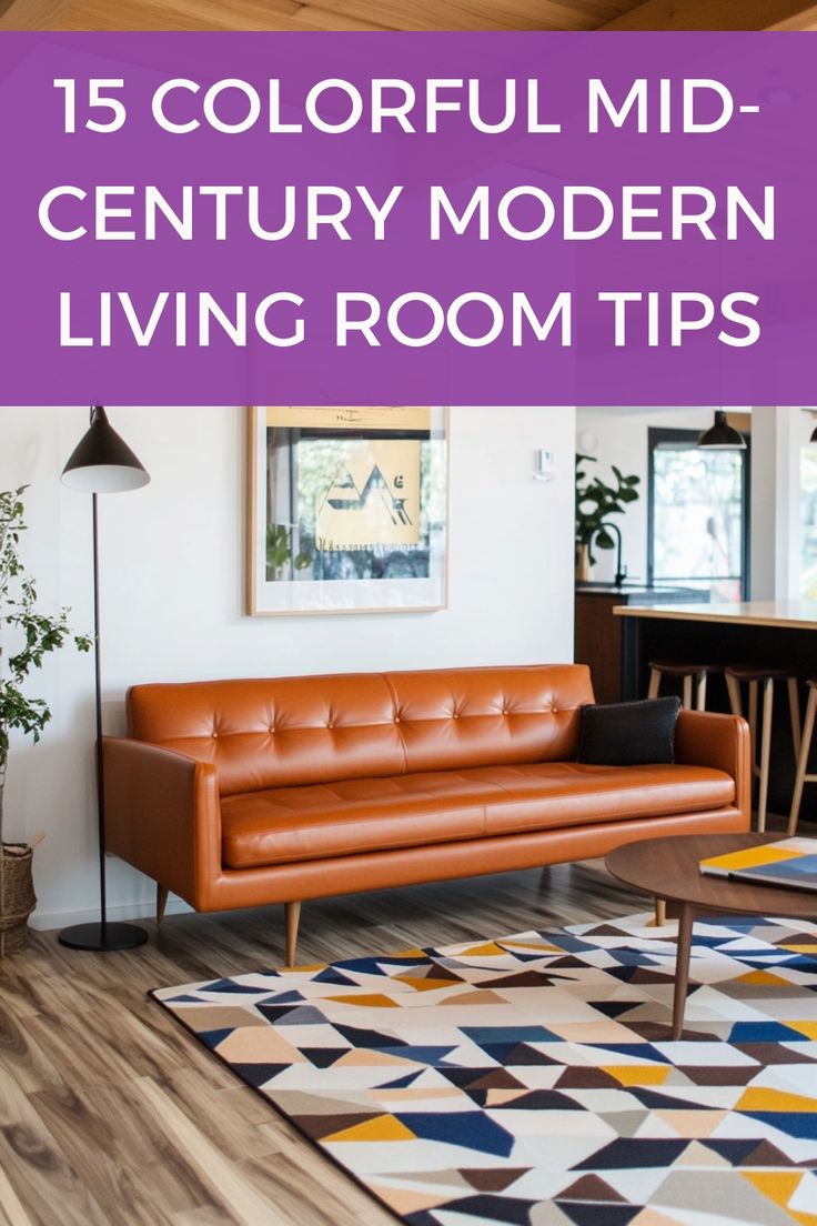 a living room with colorful mid century modern furniture and rugs on the wooden floor