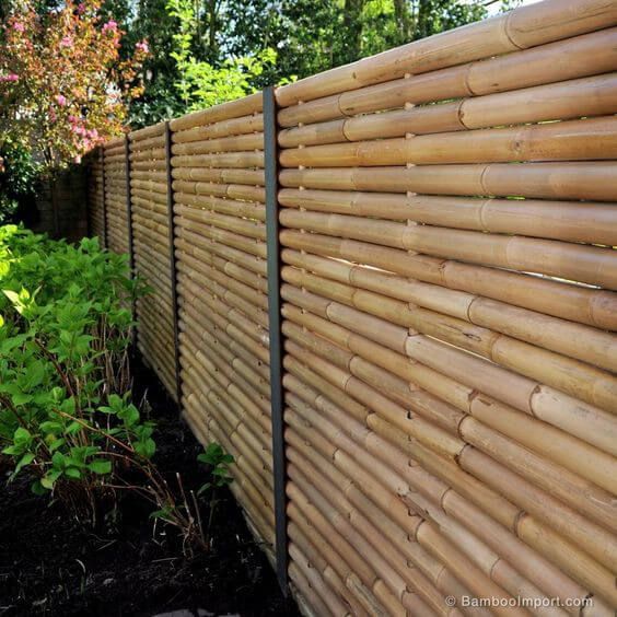 a bamboo fence in the middle of a garden