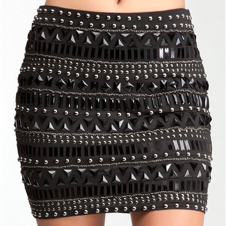 Enter The Party Skirt. With A Mix Of Rhinestones, Metal Studs And Chain Embellishments This Bebe Skirt Is Sure To Be An Impeccably-Cool After-Dark Style. Offers A Soft Bodycon-Style Stretch. Try It With A Peplum Bustier And A Pair Of Well-Heeled Booties. Patchwork Denim Skirt, Studded Skirt, Brown Flares, Silk Mini Skirt, Embellished Skirt, Solid Skirt, Mini Pencil Skirt, Wrap Around Skirt, Black And White Skirt