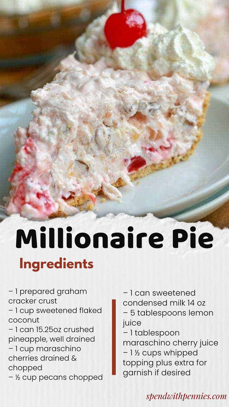 If you like Ambrosia salad, you will love this easy no bake Millionaire Pie recipe! Just 5 minutes of prep for a yummy coconut, pecan & pineapple dessert! Million Dollar Pie Recipe Cool Whip, Million Dollar Pie Recipe, Pineapple Pie Recipe, Millionaire Pie Recipe, Icebox Pies, Million Dollar Pie, Whip Recipes, Millionaire Pie, Blueberry Desserts Recipes