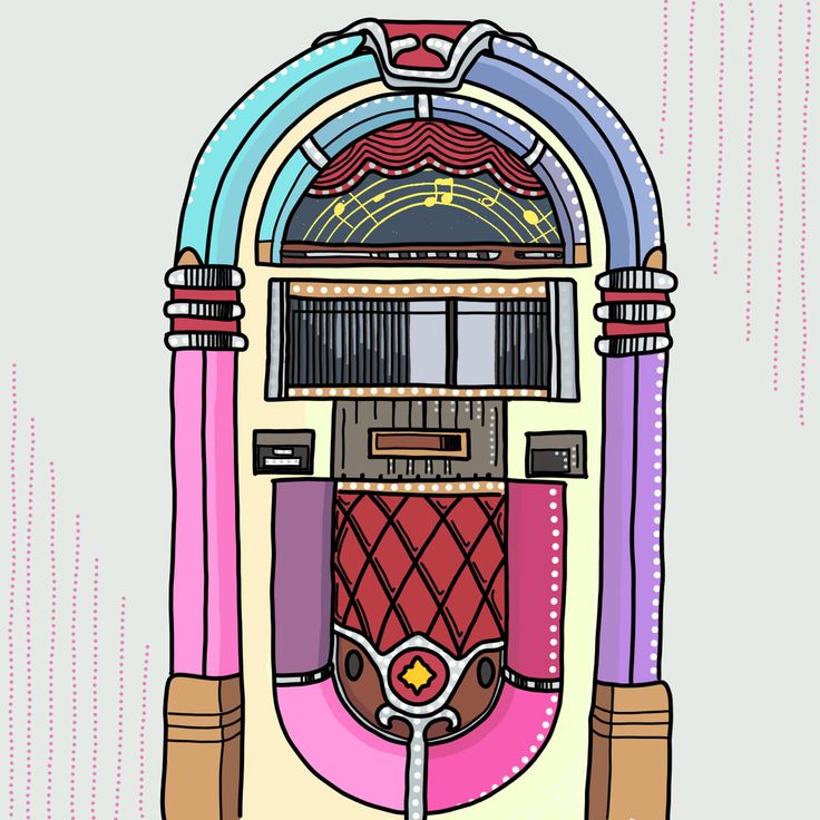 an old fashioned jukebox with pink, blue and purple columns on the front