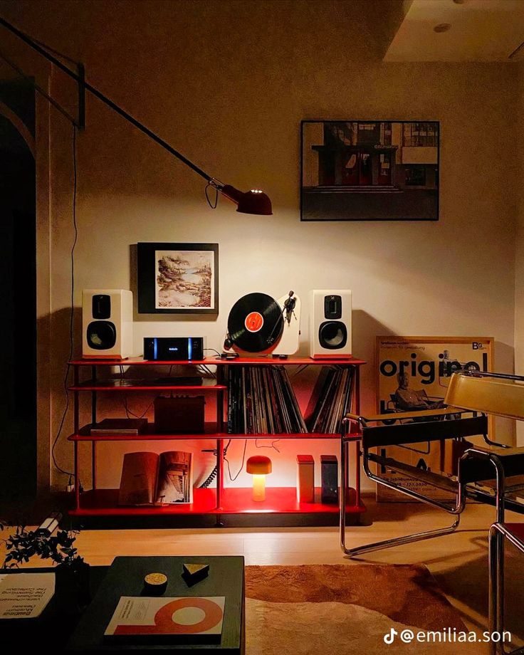 a living room filled with furniture and lots of records on the shelf in front of it