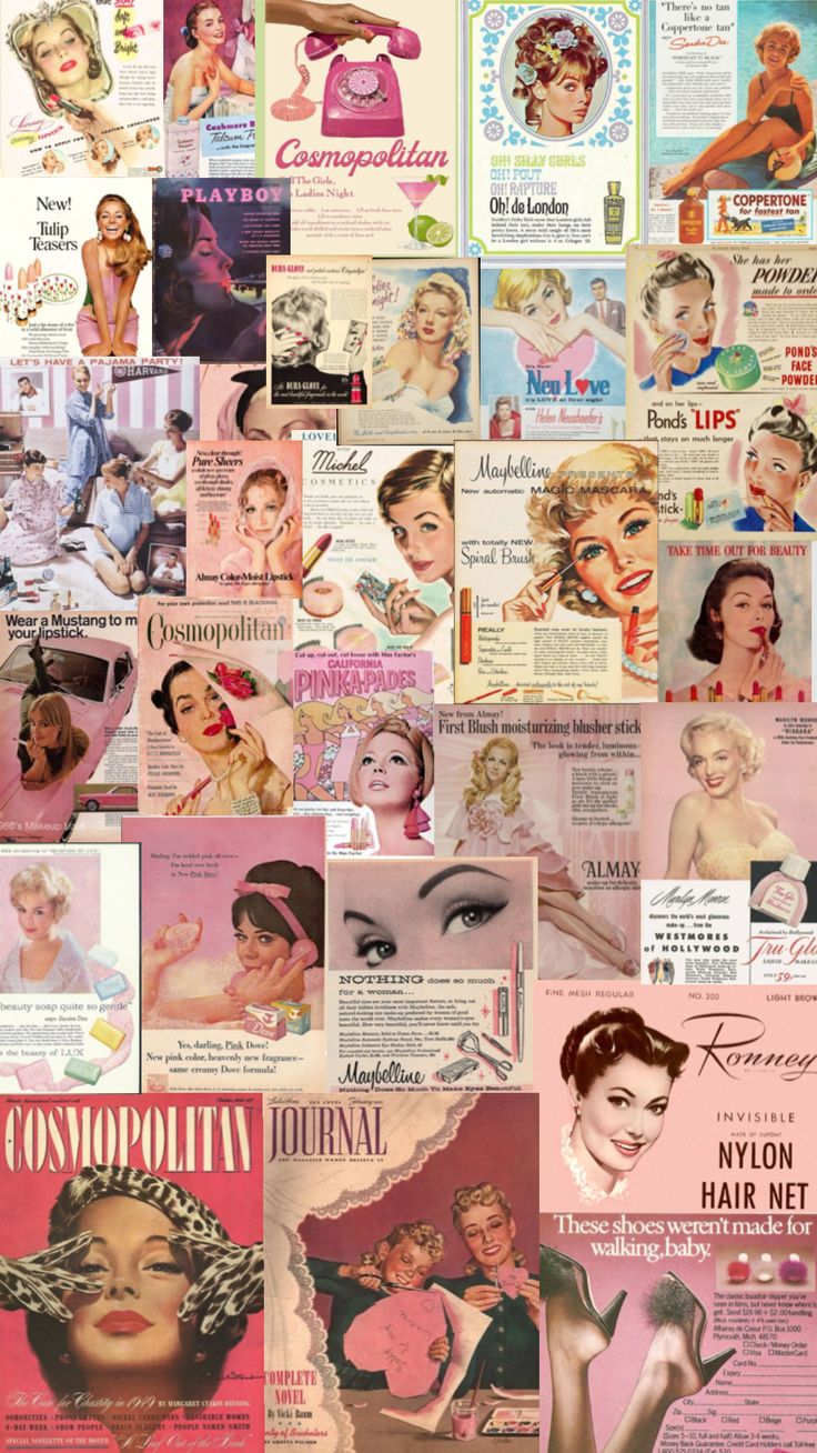 a collage of women's hair and makeup adverts from the 1950's