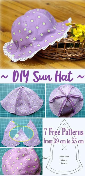 the instructions to make a sun hat for girls are shown in purple and white polka dots