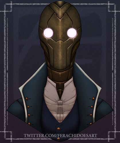 a drawing of a man in a suit with glowing eyes and an iron mask on his head