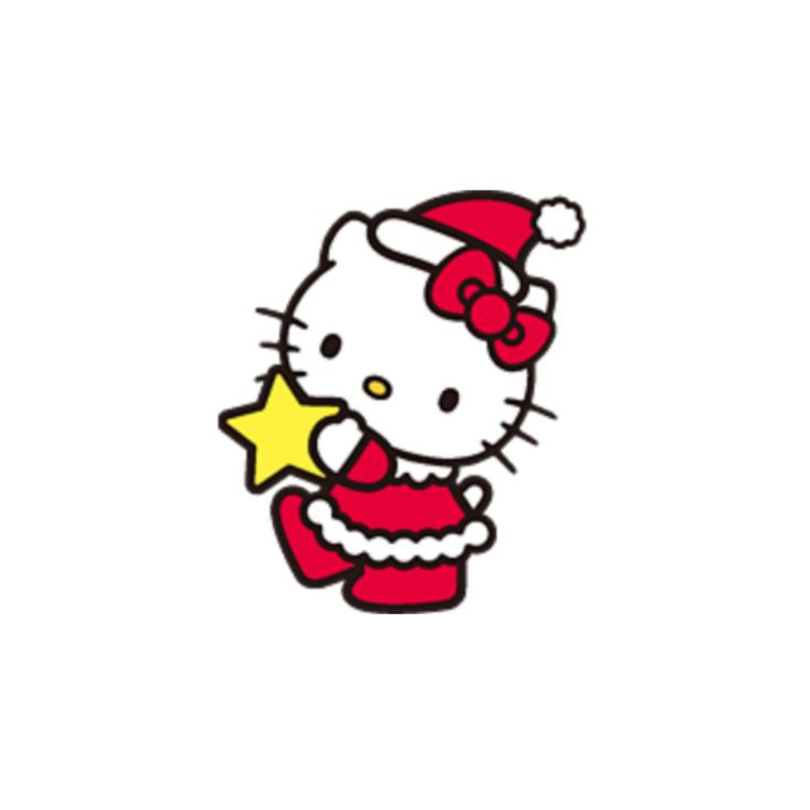 a hello kitty christmas card with a santa hat and stars on the bottom, in red