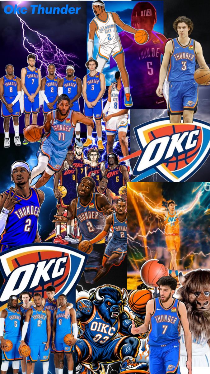 the oklahoma thunder basketball team is depicted in this collage