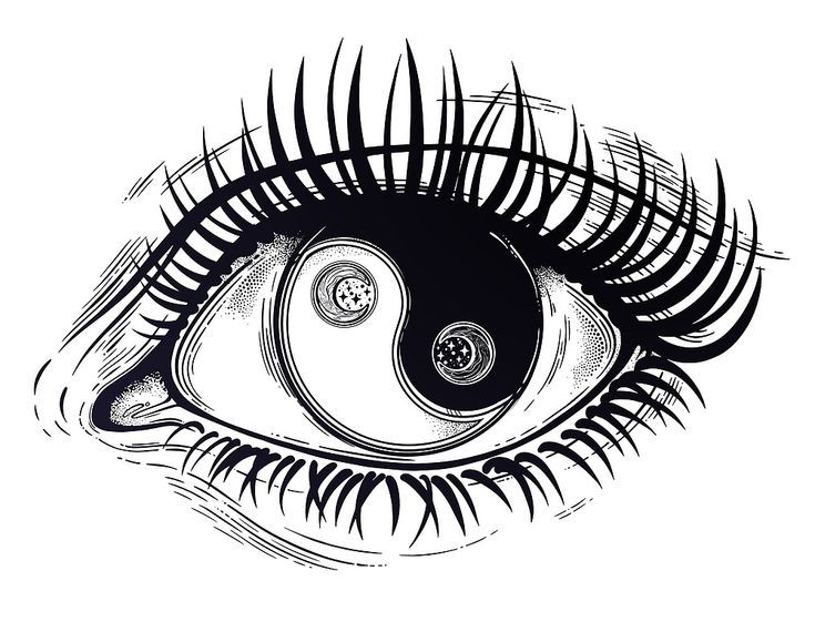 an eye with the yin symbol drawn on it's iris, in black and white