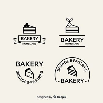 four bakery logos with different types of cakes and pies on them, all in black and white