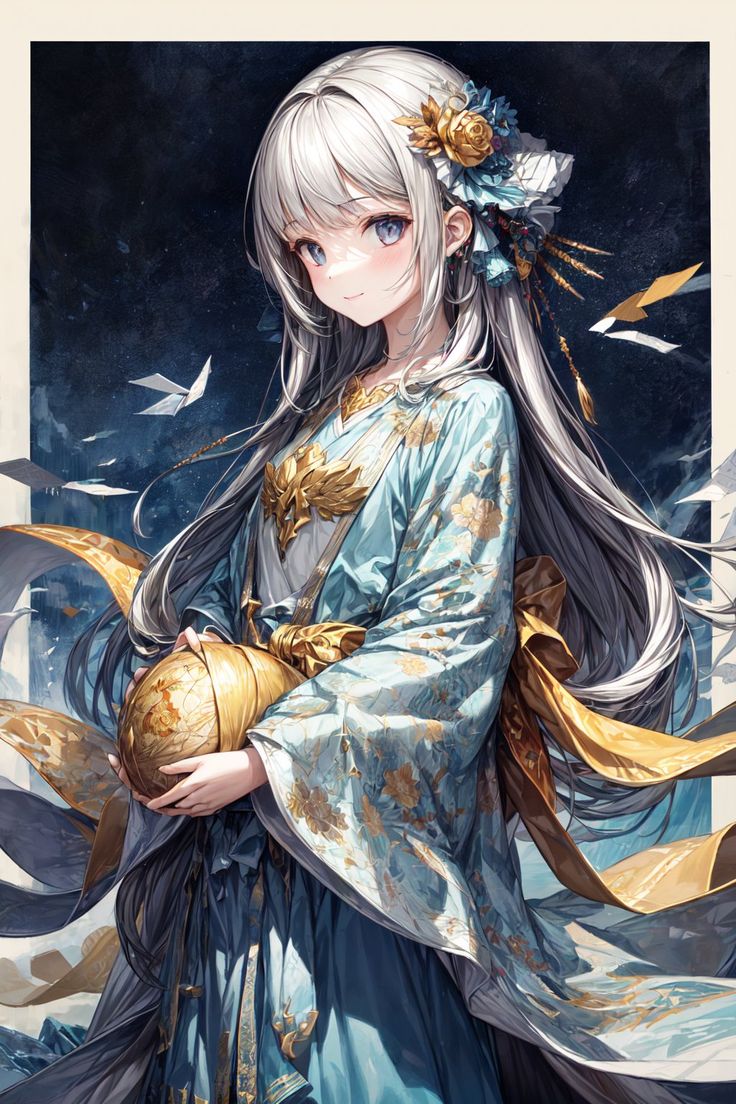 an anime character with long white hair holding a golden ball in her hand and flying birds around