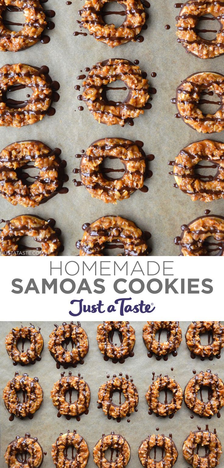 Top image: A top-down view of homemade Samoas cookies drizzled with chocolate. Bottom image: Three rows of homemade Samoas cookies atop brown parchment paper. Homemade Somoa Cookies Girl Scouts, Samoa Girl Scout Cookie Recipe, Homemade Samoa Cookies, Somoa Cookies Recipe, Competition Cookies, Samoas Cookies Recipe, Somoa Cookies, King Cookies, Girl Scouts Cookies