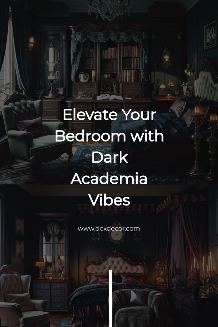 Luxurious bedroom with dark academia decor, featuring rich colors and vintage furniture. Vintage Dark Bedroom, Dark Academia Room Inspiration, Modern Dark Academia Bedroom, Dark Vintage Bedroom, Dark Academia Bedroom Aesthetic, Academia Bedroom Aesthetic, Dark Academia Colors, Dark Academia Diy, Dark Academia Room Aesthetic