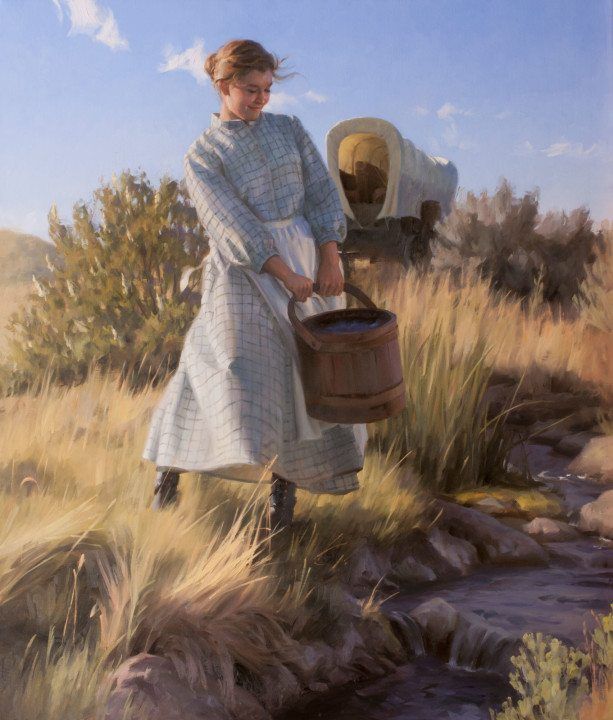 a painting of a woman holding a bucket in her hand while standing next to a stream