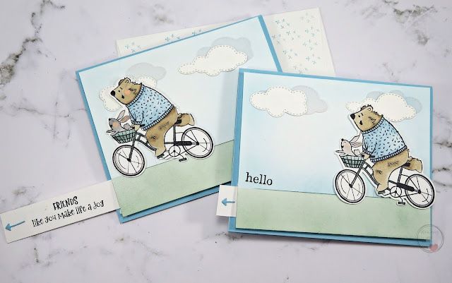 two cards with bears riding bikes on them, one has a name tag and the other says hello