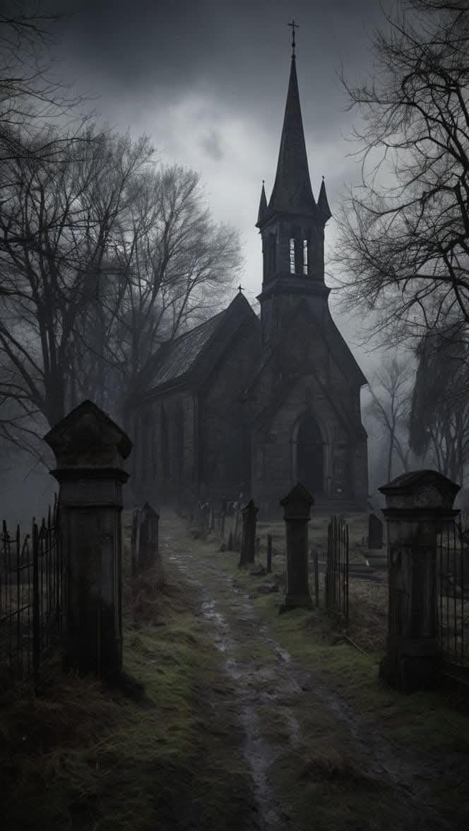 an old church with graveyards in the foreground and trees on either side at night