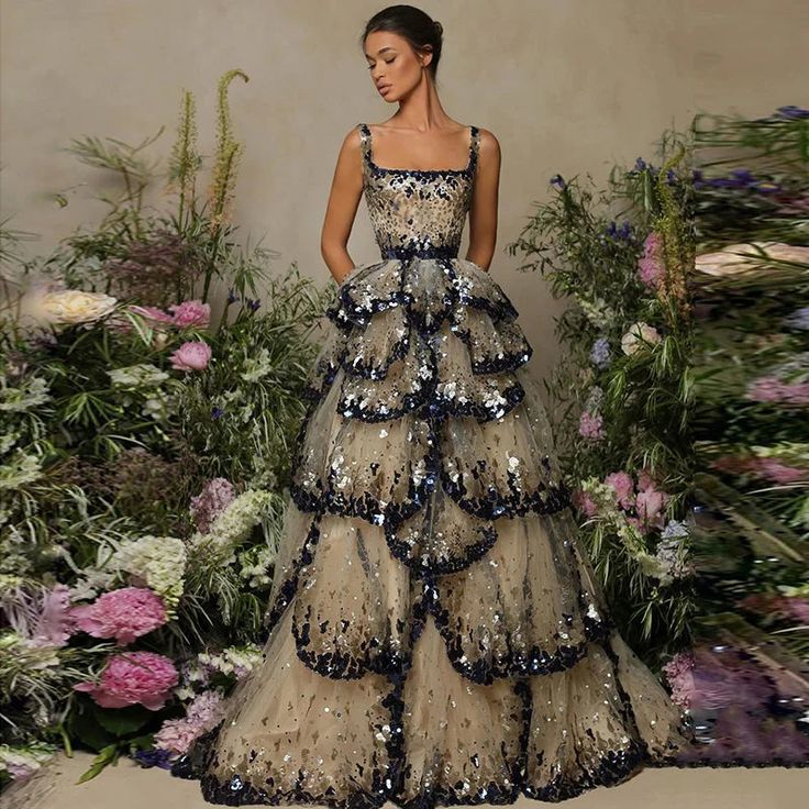 Sequin Butterfly Layered Gown Golden Atelier Layered Gown, Fest Outfits, Puffy Dresses, Tarik Ediz, Chique Outfits, فستان سهرة, Gala Dresses, Glam Dresses, Long Gown