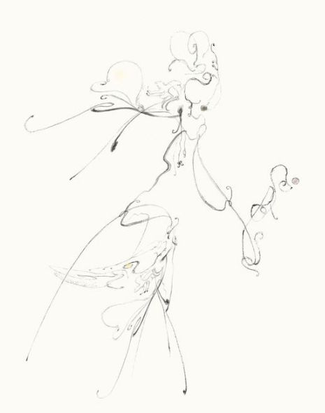 a drawing of a woman in a dress with flowers on her head and hands behind her back