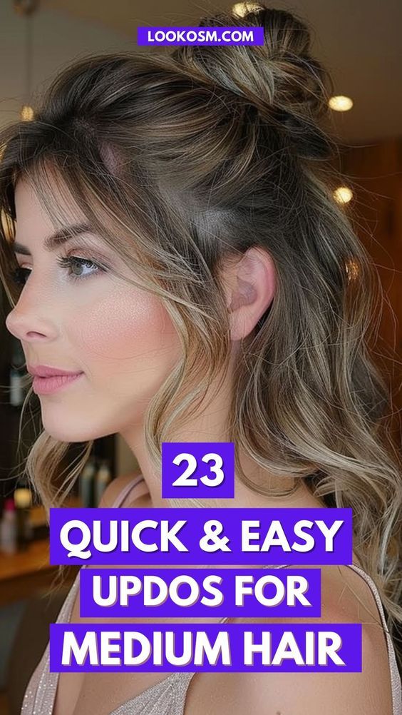 Transform your medium hair with these 23 stunning updos that are quick and simple to create. Whether you're heading to work or a night out, these styles keep you looking fabulous. Tap to explore and follow us for more easy hair ideas! #UpdoIdeas #MediumHairStyles #EffortlessBeauty #DailyHairstyles #HairTrends Casual Updos For Medium Hair, Quick Easy Updos, Easy Work Hairstyles, Easy Updos For Medium Hair, Diy Updo, Easy Hair Ideas, Medium Length Updo, Easy Hairdos, Easy Hair Updos