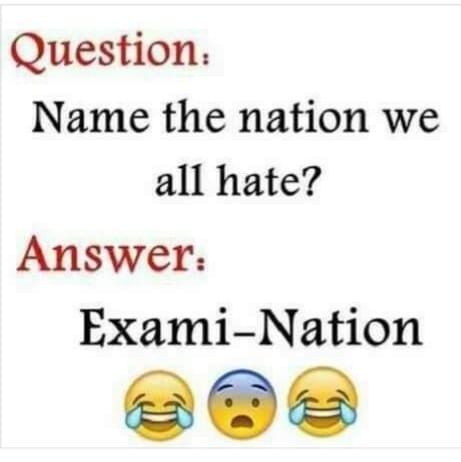 two emoticions with the caption question name the nation we all hate? answer exam - nation