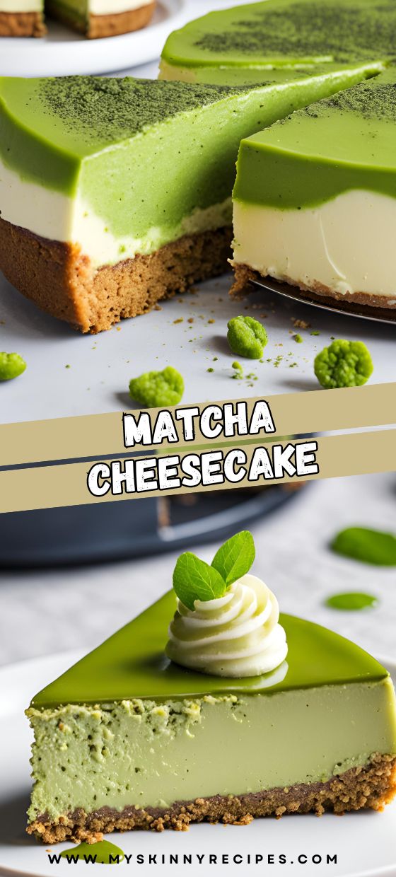 there is a slice of matcha cheesecake on the plate