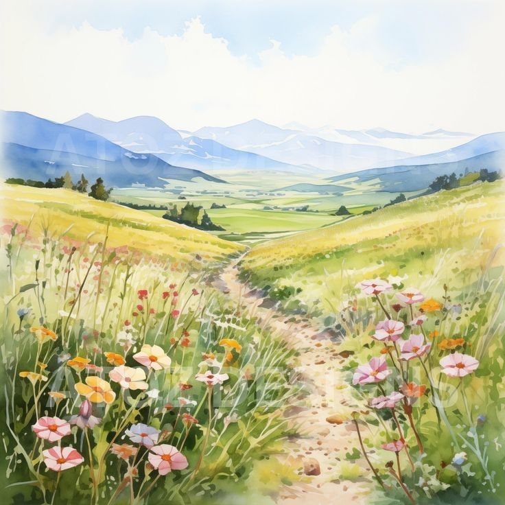 a watercolor painting of a dirt path leading through a field with wildflowers and mountains in the background