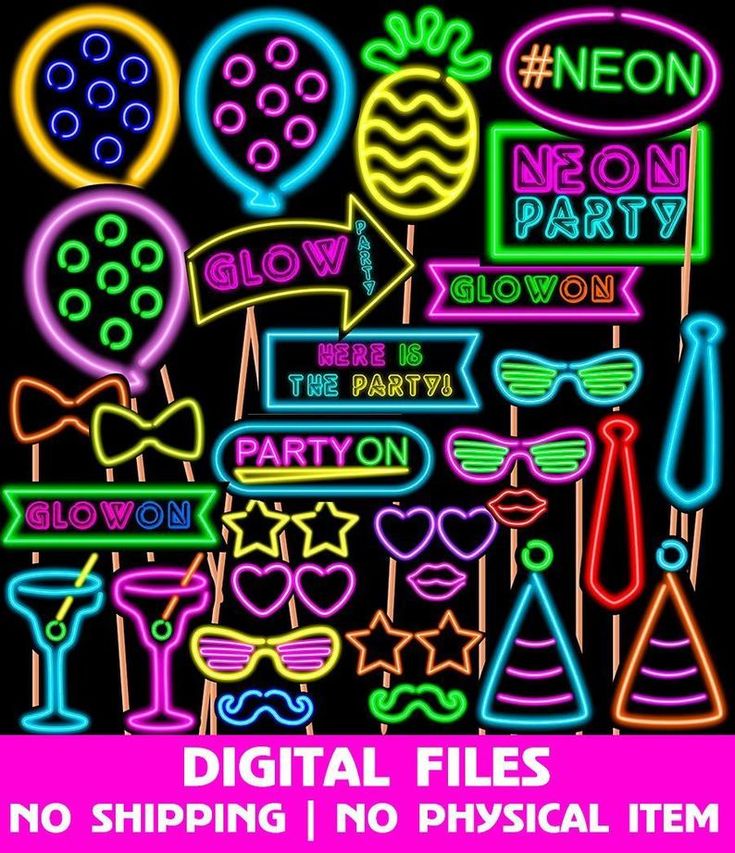 neon party photo booth signs and decorations for a neon glow birthday bash or bachelor party