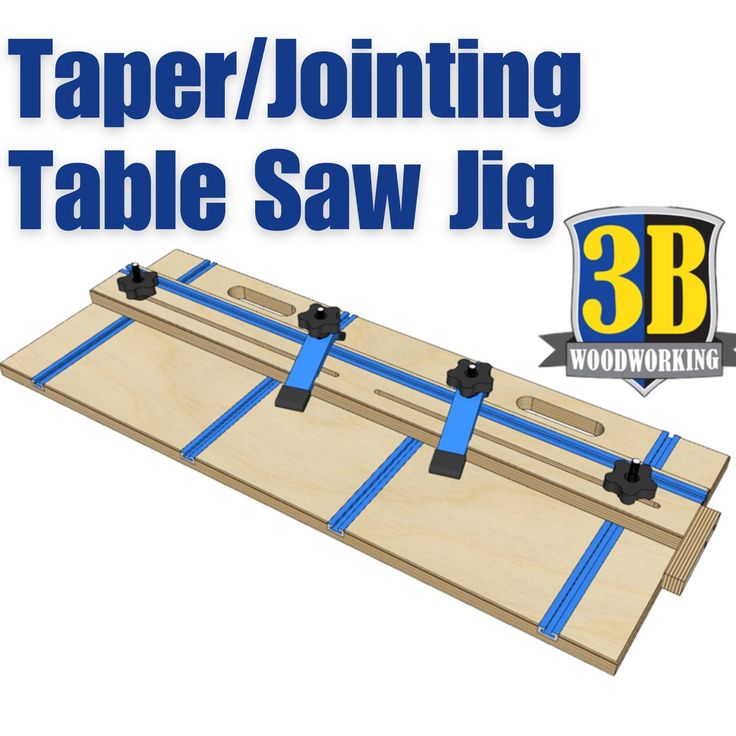 a wooden table saw jig with taper and jointing on the side, labeled'taber / jointing table saw jig '