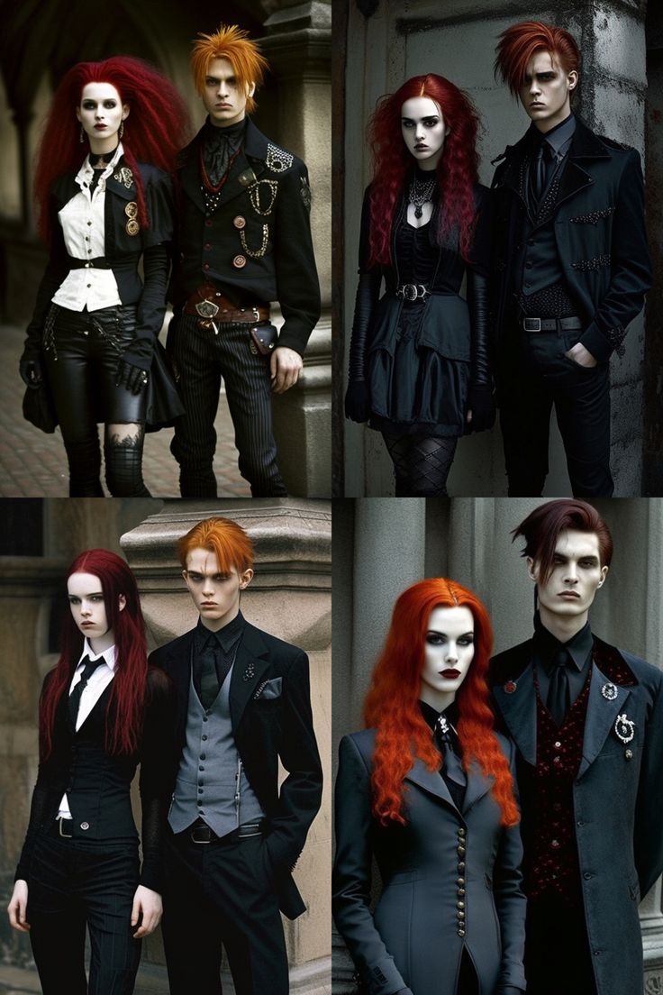 four different pictures of people with red hair and black clothes, all dressed in gothic clothing