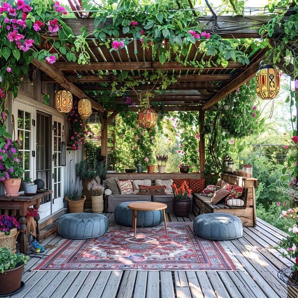 an outdoor living area with lots of plants and flowers on the roof, along with couches